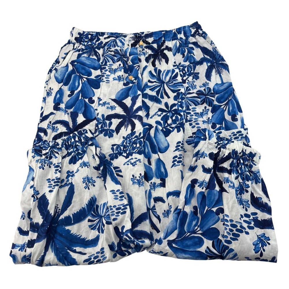 Panama Jack Mens XL Blue White Tropical Palm Linen Blend Drawstring Pants 5741